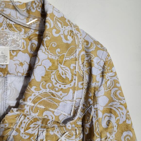 Nick & Mo floral print tie waist ruffle trim button front jacket woman's size L - Picture 13 of 15